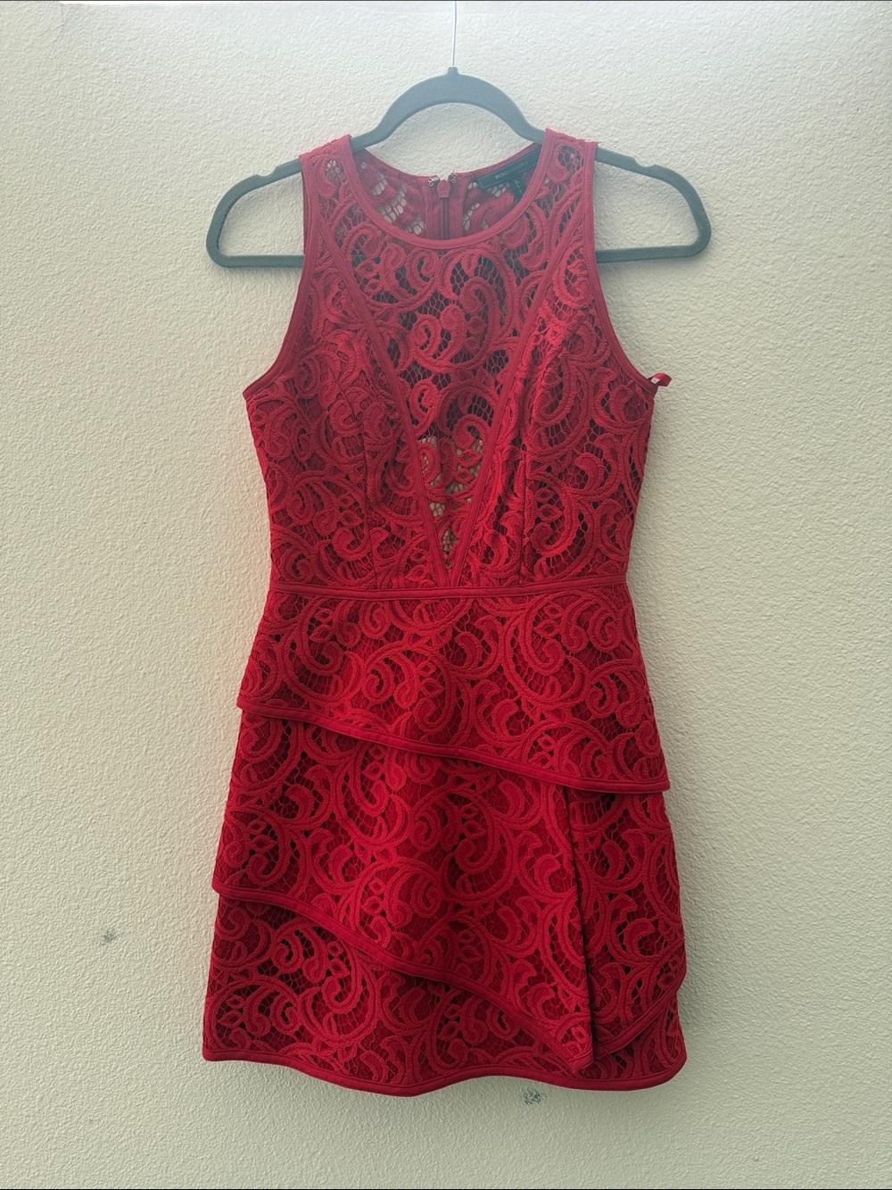 BCBGMaxAzria Red Lace Tiered Peplum Cocktail Dress